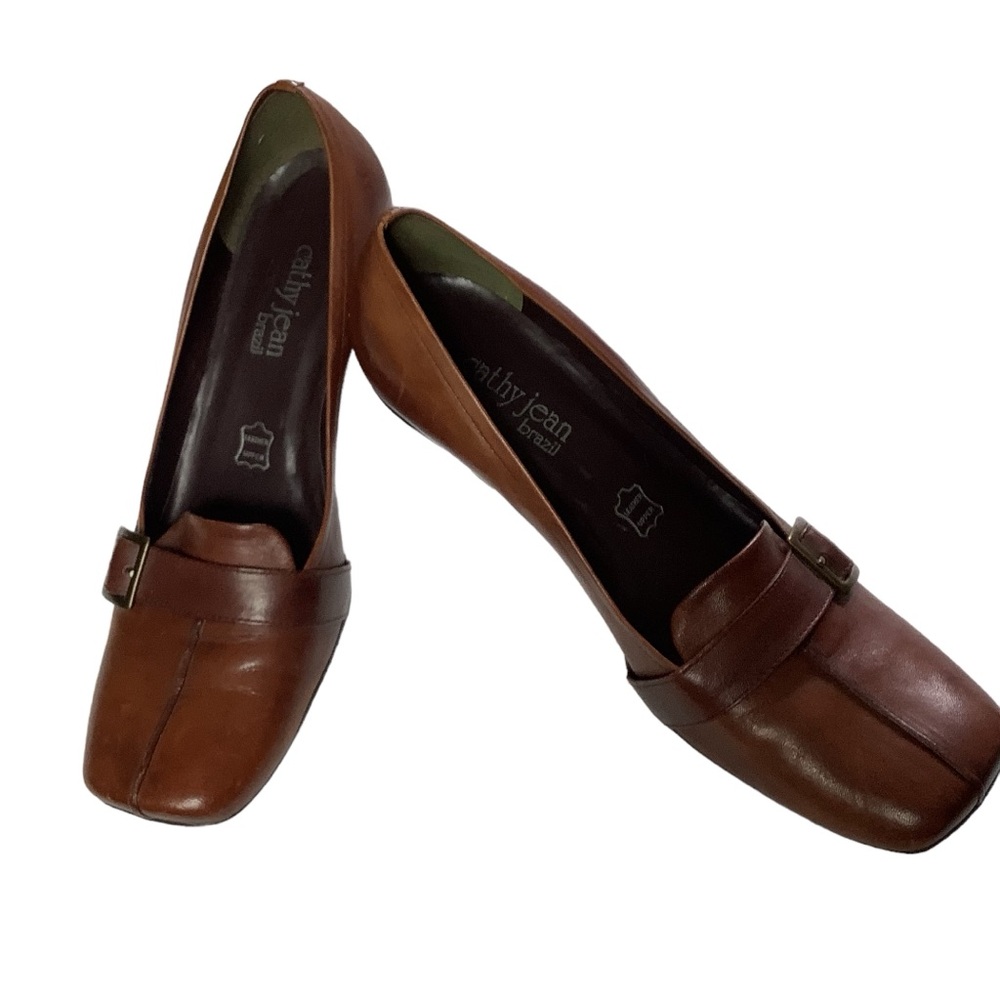 US 8 Cathy Jean Brazil Vintage Buckle Brown Leather Kitten Heels READ
